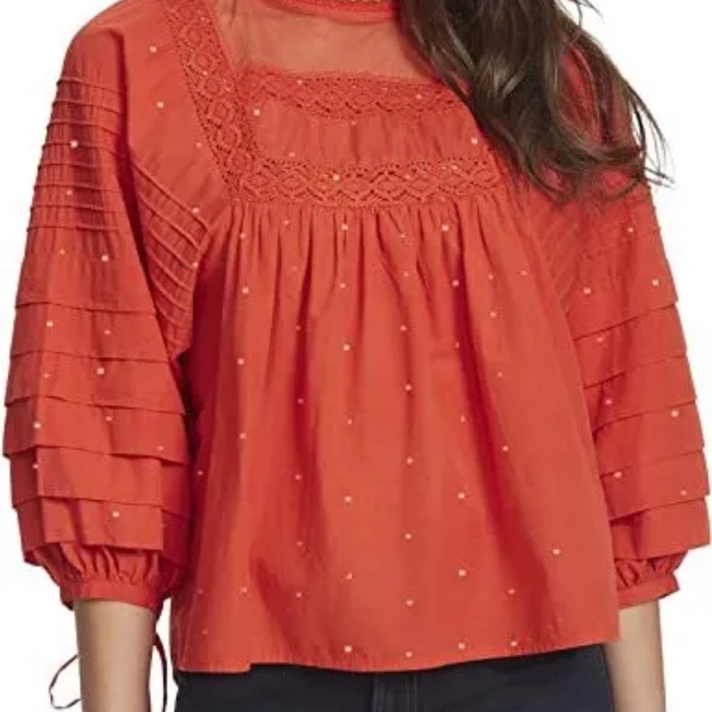NWT, Ella Moss, Lyra Puffed Pintucked Woven Blouse, SZ M, Color: Spicy Orange